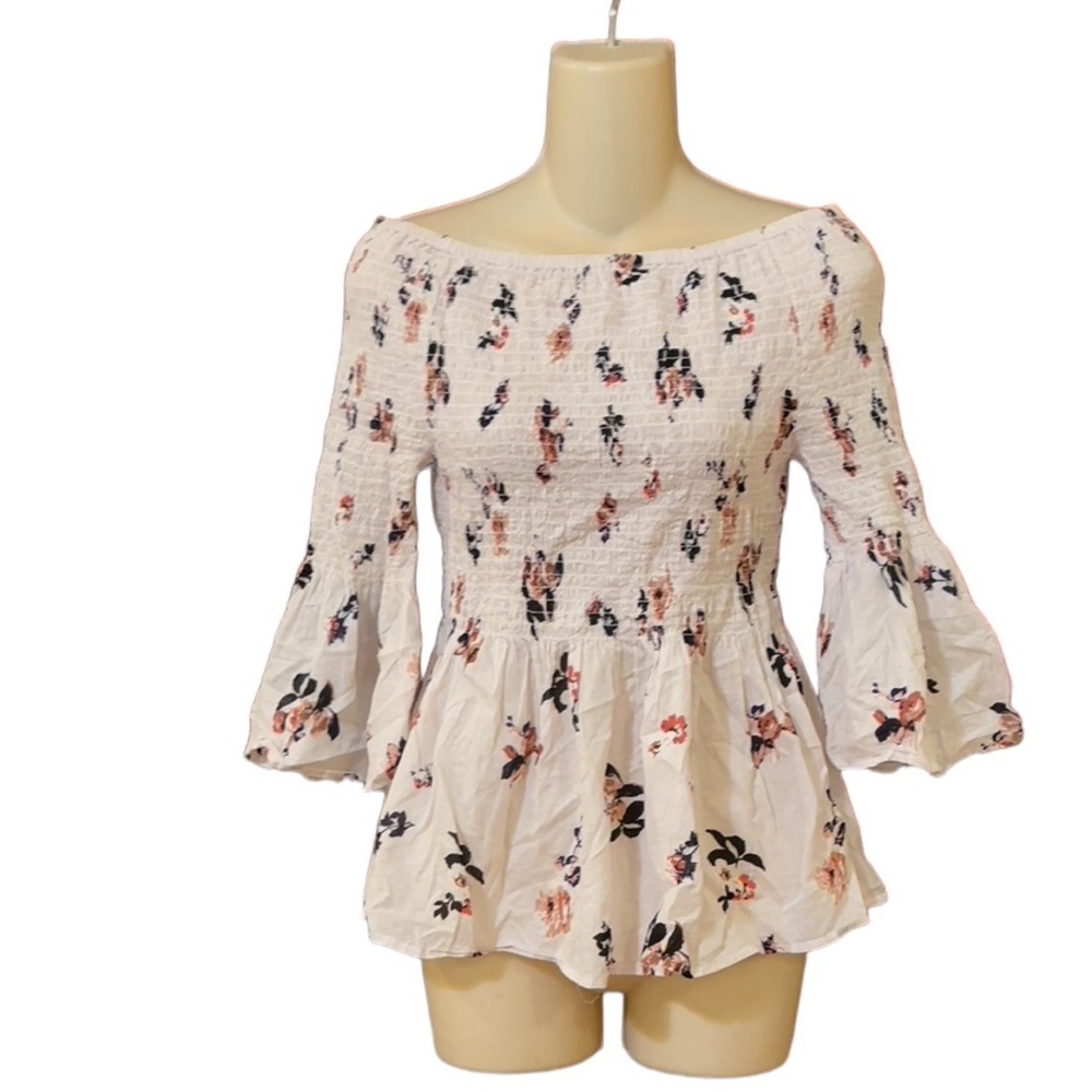 Ivanka Trump Smocked Floral Bell Sleeve Top Light Pink Blue Floral Size …